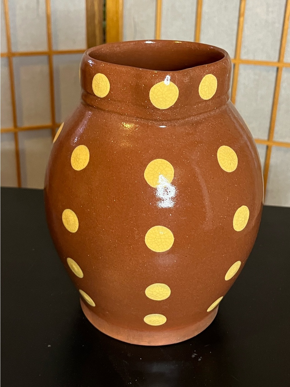 Vintage 2003 redware ceramic polka dot pitcher vase Wisconsin Pottery 8" - Picture 2 of 8